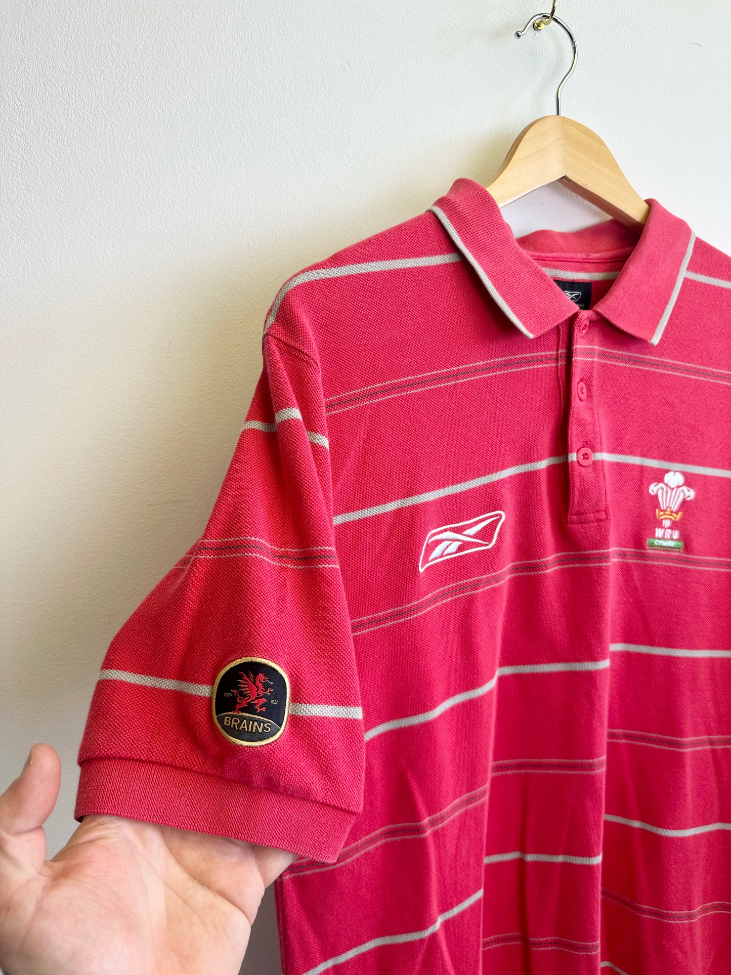 Wales Rugby Reebok Brains Vintage 00s Striped Polo Shirt